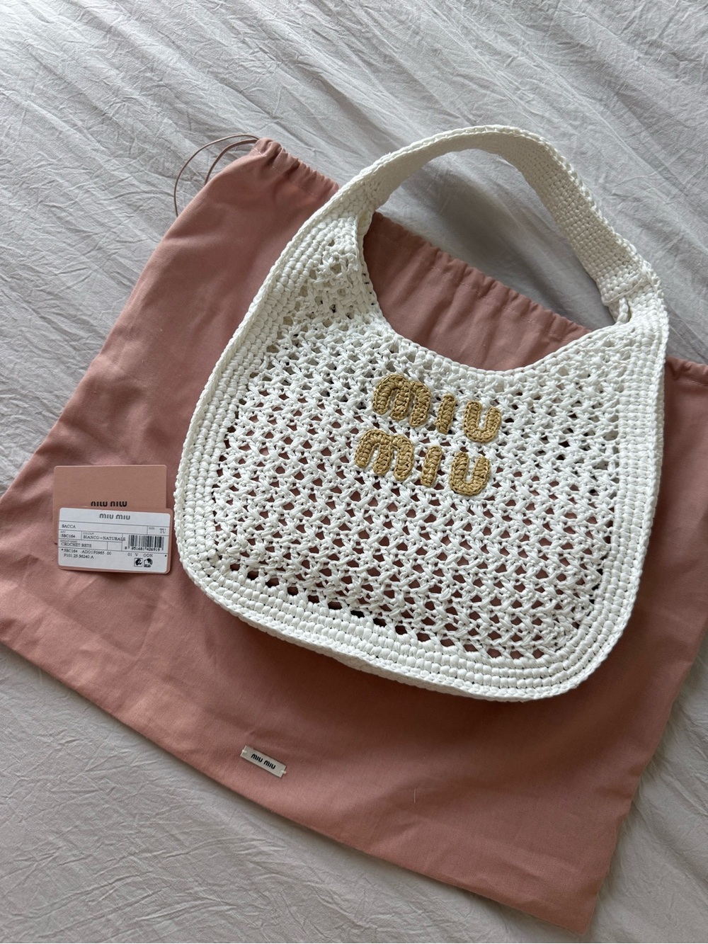 Miu Miu Cream Crochet Shoulder Bag with Gold Logo